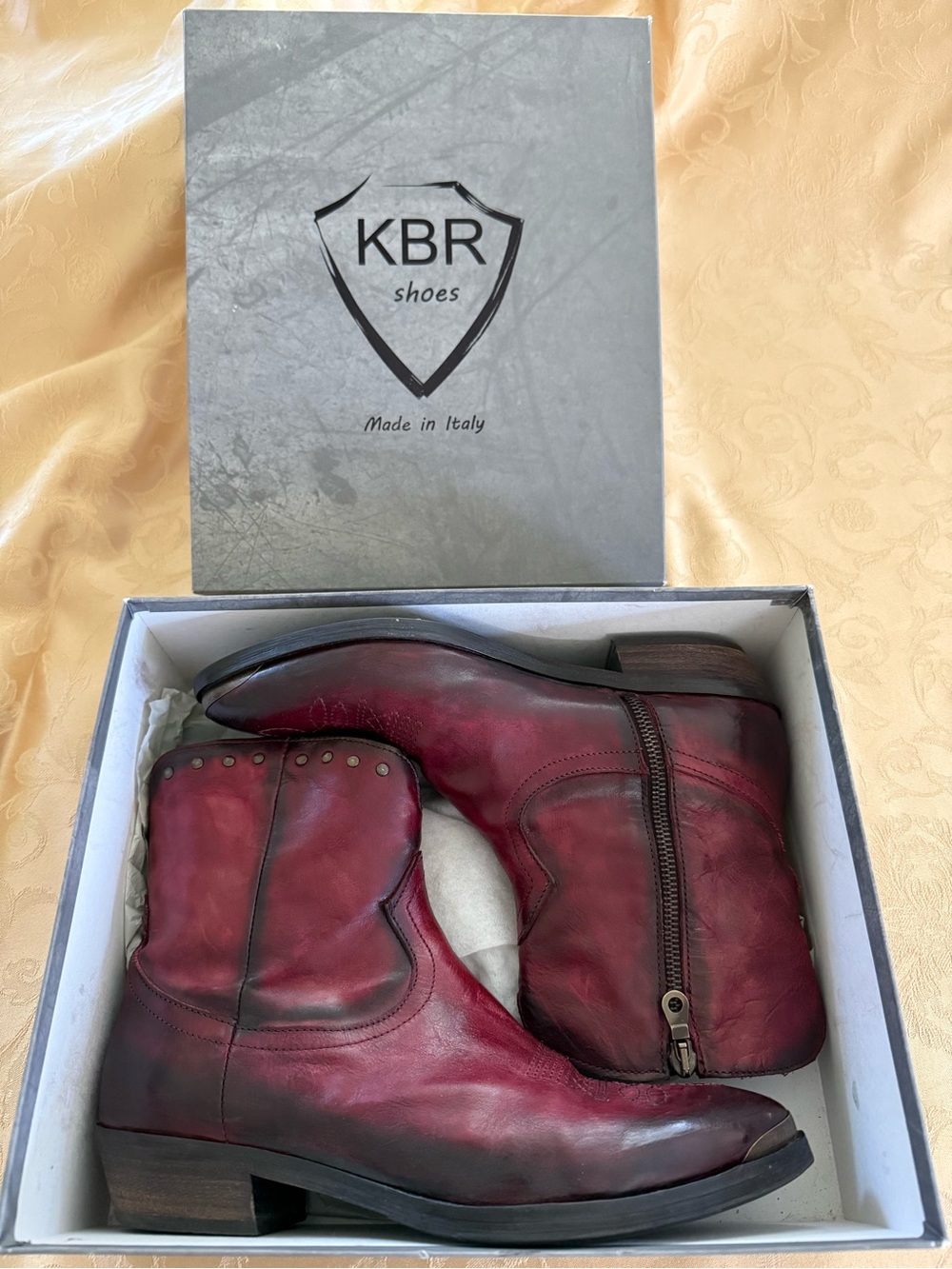 KBR Made in Italy Burgundy Leather Zip Cowboy Ankle Boots